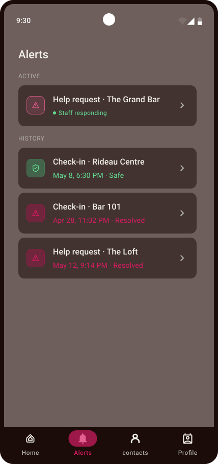 Patron app Alerts screen