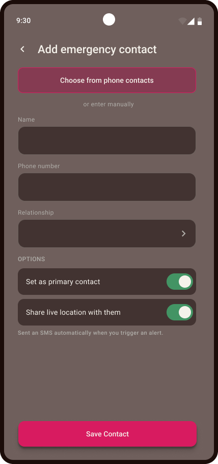 Patron app Add emergency contact screen