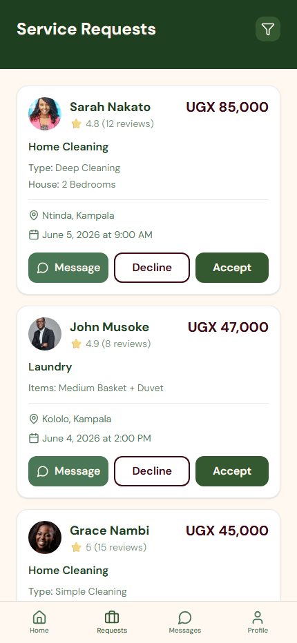 Housekeeper service requests screen