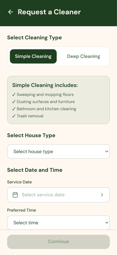 Request a Cleaner screen with dynamic pricing
