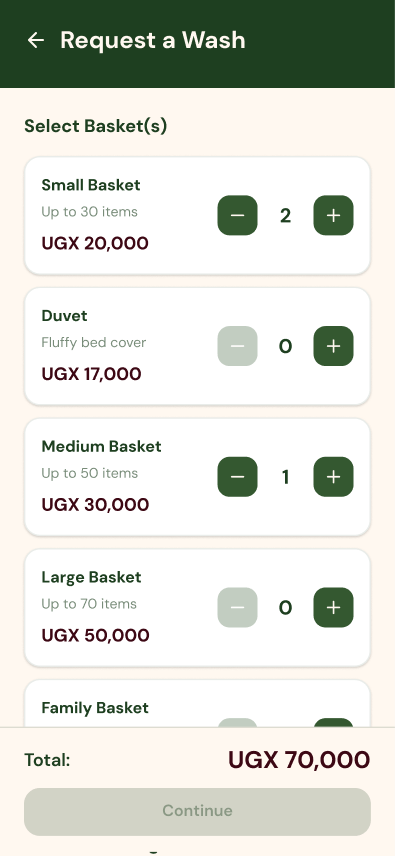 Request a Wash screen with live basket pricing